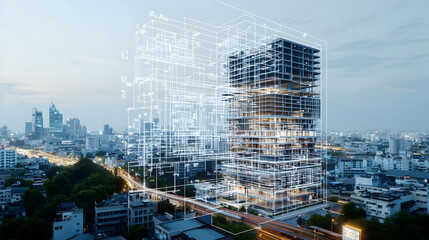 Naklejka premium Modern Cityscape Architectural Structure with Data Network Overlay Illumination Against Evening Sky