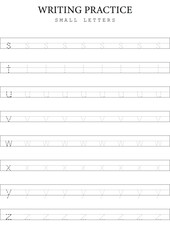 Small Letters Tracing 3 s to z Template for Kids, Simple Vector Alphabet Writing Practice Sheet