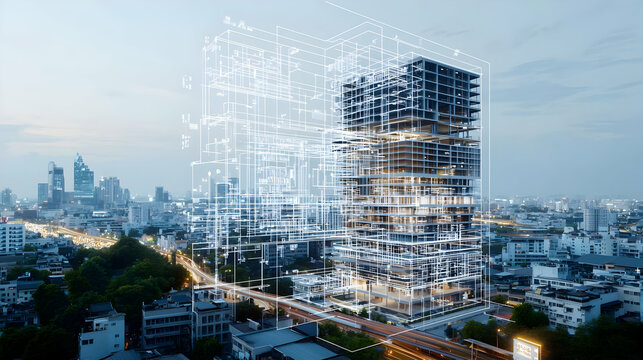 Modern Cityscape Architectural Structure with Data Network Overlay Illumination Against Evening Sky