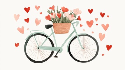 Fototapeta premium Charming bicycle with floral basket and heart decorations - romantic illustration