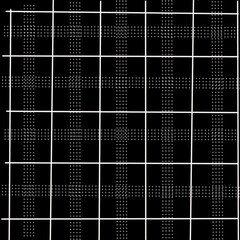 image features a geometric grid pattern on a black background. White solid lines form a square grid, while small white dotted lines create an additional cross-like texture at the intersectio