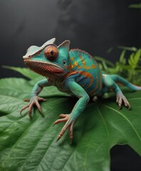 Obraz premium Veiled chameleon on a large leaf with claws extended and head retracted, green, extend, species