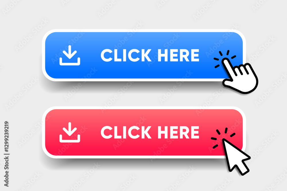 Fototapete Click here web buttons with hand cursor. Set of action button with arrow pointer. Click button. Modern action button mouse click symbol. Computer mouse click cursor or Hand pointer symbol.