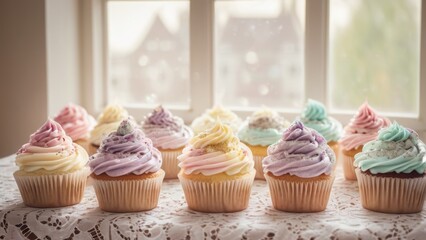 A delectable assortment of cupcakes with pastel-colored frosting and sprinkles arranged on a lace tablecloth by a window, creating a charming and inviting scene