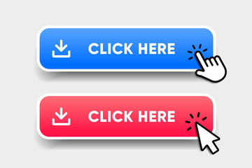 Click here web buttons with hand cursor. Set of action button with arrow pointer. Click button. Modern action button mouse click symbol. Computer mouse click cursor or Hand pointer symbol.