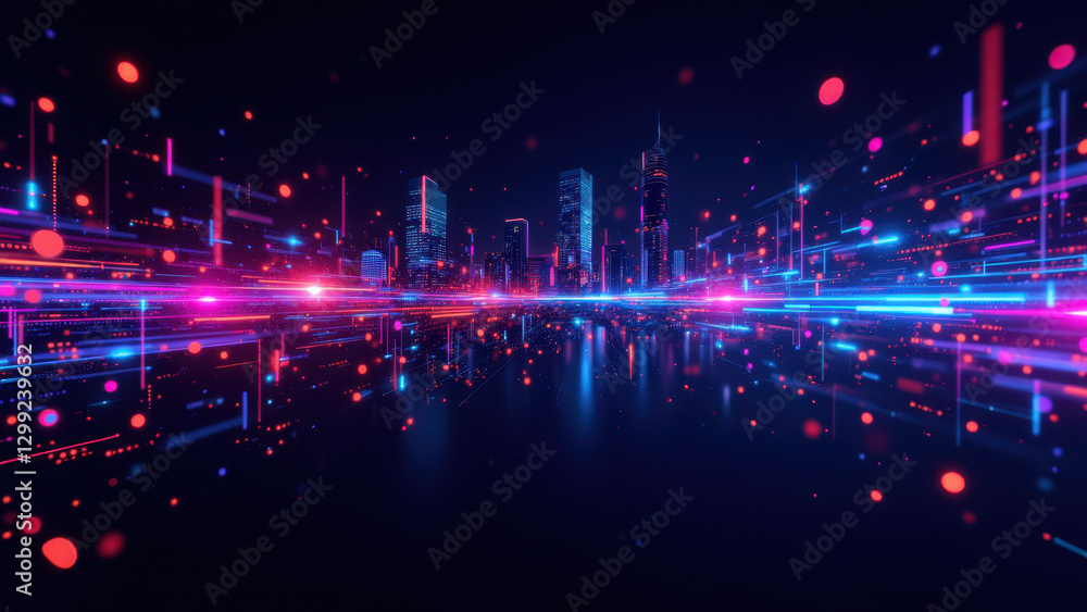 Poster futuristic cityscape with vibrant lights representing ci/cd, docker, kubernetes, devops concepts.