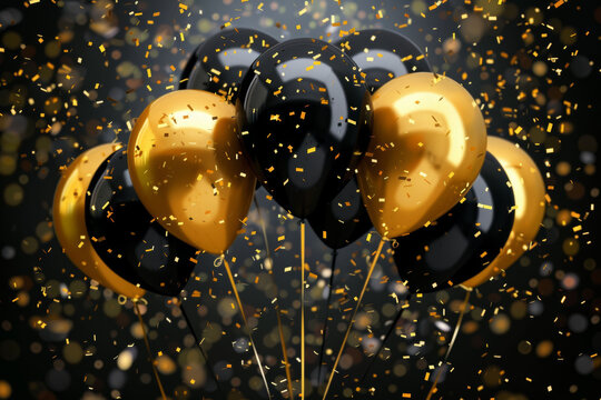 Black and gold balloons and confetti, luxurious celebration concept. Ideal for themes of upscale parties, elegant events, and festive.