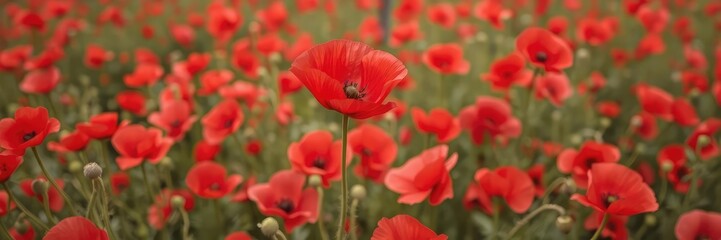 Obraz premium Vibrant red poppy flower standing out in a field of red poppies, wildflowers, landscape, flowers