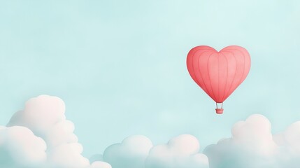 Heart-shaped hot air balloon floating in cloudy sky symbolizing love and adventure