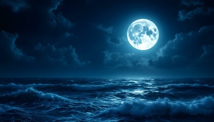 Full moon, stormy ocean at night, dramatic clouds, moonlit waves