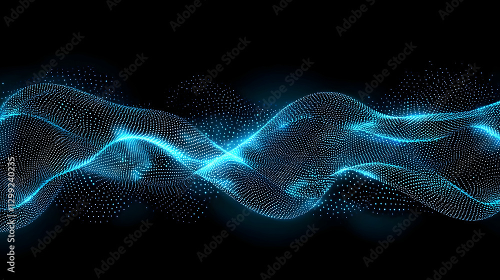 Poster abstract blue wavy data stream on dark background representing digital technology