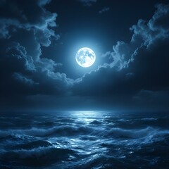 Obraz premium Full moon, stormy ocean at night, dramatic clouds, moonlit waves