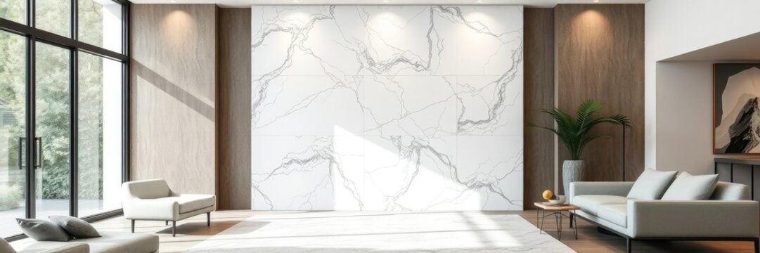Viscount white natural granite slab used as a statement wall feature in a modern living room, textured surface, geometric pattern