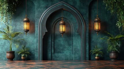 Obraz premium Serene Teal Moorish Interior with Ornate Lanterns