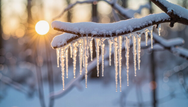 Melting icicles hanging from tree branch at sunrise, winter beauty