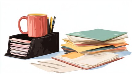 Fototapeta premium Desk workspace coffee, papers, & pens