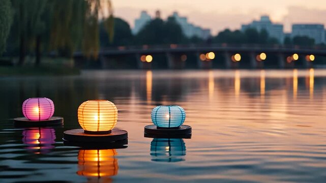 Floating lanterns illuminate a serene lake at dusk, with city skyline softly blurred in background