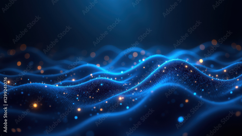 Poster a digital illustration of a flowing blue fabric with abstract shapes representing modern software de