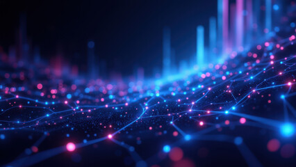 Obraz premium High-tech digital illustration of a complex network system with glowing nodes and lines, symbolizing cloud computing, big data, artificial intelligence or software development workflows.