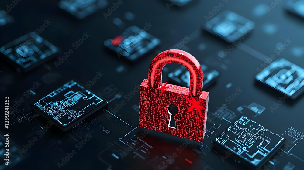 Poster red padlock over circuit boards representing digital security and data protection