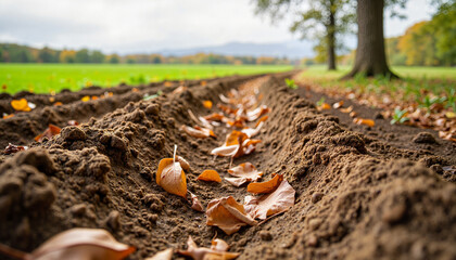 Obraz premium Serene bare earth with scattered leaves in rural setting, nature's beauty