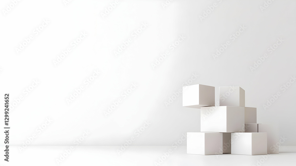 Poster minimalist white cubes arranged in stack on a reflective surface against white wall with soft lighti