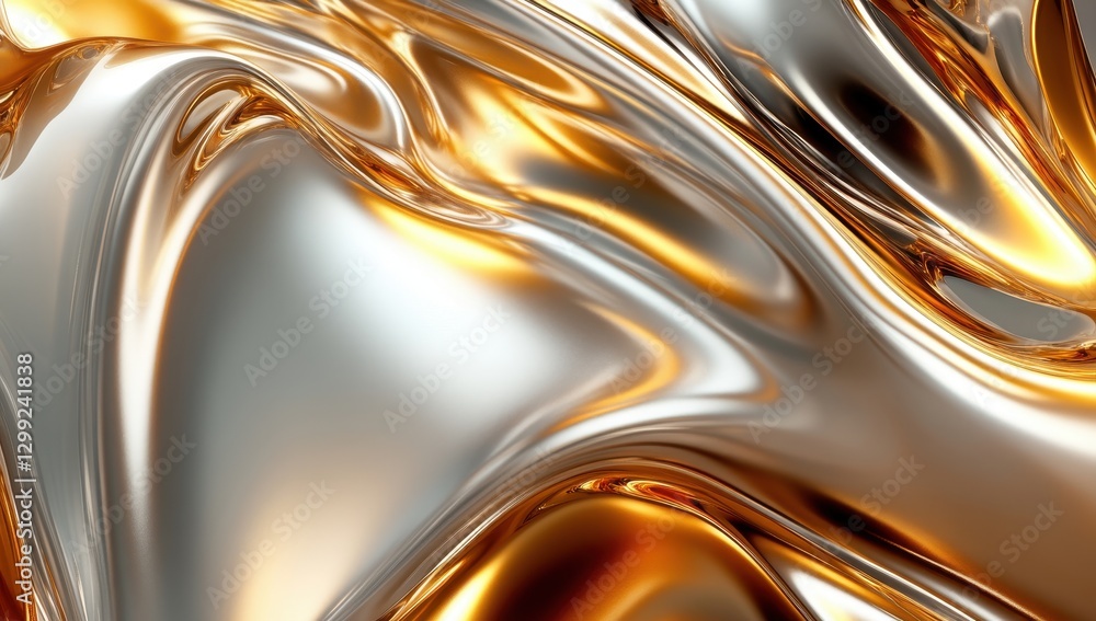 Poster abstract shimmering gold and silver fluid surface background with smooth reflections and dynamic pat
