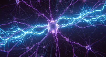 Digital neurons network firing electric impulses. Abstract concept of brain cells activity for science, medical, technology. Background