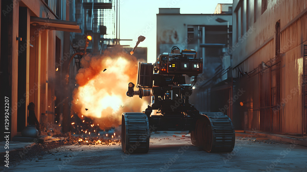 Poster futuristic combat vehicle firing in urban environment creating explosive effect