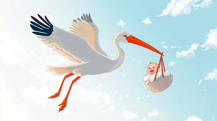 Stork carrying a baby in the sky illustration
