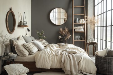 Cozy bedroom interior with large windows