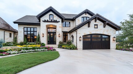 Luxury stone house, landscaped yard, driveway, sunset. Real estate listing image