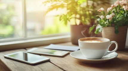 Fototapeta premium Sunny cafe, steaming latte, phones, plants