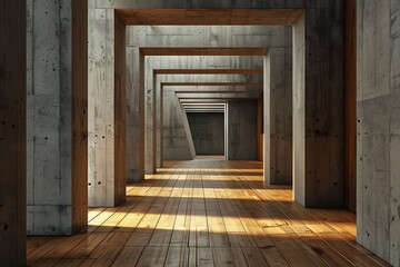 Obraz premium 3d render of abstract empty room with wooden wall and concrete floor