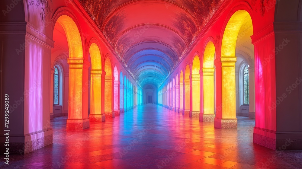 Poster colorful architectural dream: a long hallway with arches bathed in a spectrum of light, creating a m