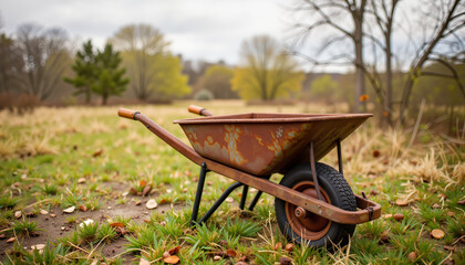 Rusty old wheelbarrow in abandoned garden during cloudy day, nostalgia