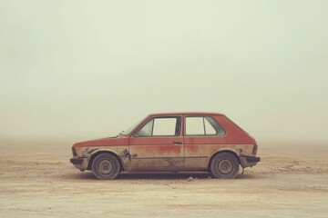 A weathered red car parked in an empty dusty desert landscape