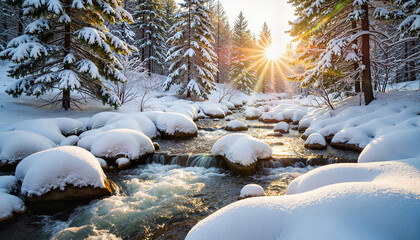 Sunlight streaming through snowy trees over flowing creek, winter beauty