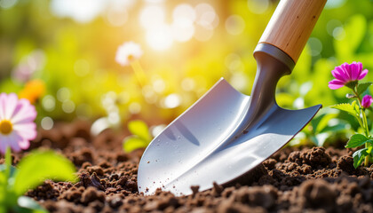 Garden spade digging into soil surrounded by flowers, gardening concept