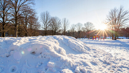 Fototapeta premium Picturesque snowbank illuminated by sunlight in park, winter joy