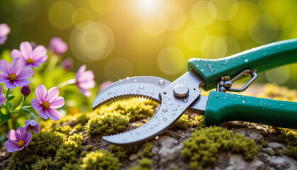 Obraz premium Dew-covered pruning shears on mossy rock in garden, nature's freshness