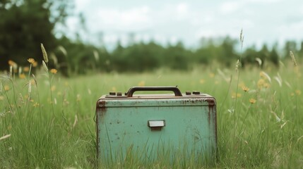Vintage suitcase in serene meadow setting against a backdrop of wildflowers and greenery