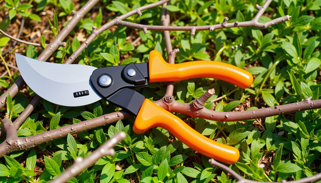 Brightly designed adjustable pruning shears on spring branches, gardening