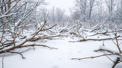Obraz premium winter landscape with rustic branches scattered across the snow-covered ground, serene atmosphere, rustic branches