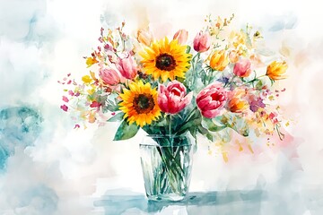 Watercolor Bouquet of Flowers in Vase