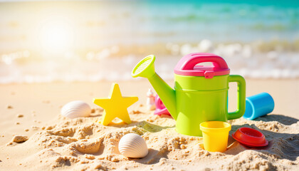 Colorful plastic watering can on sand at sunny beach, summer fun