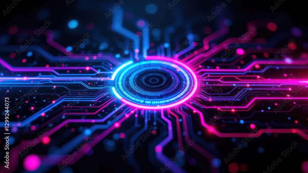 Poster neon cybernetic digital interface with ci/cd pipeline elements.