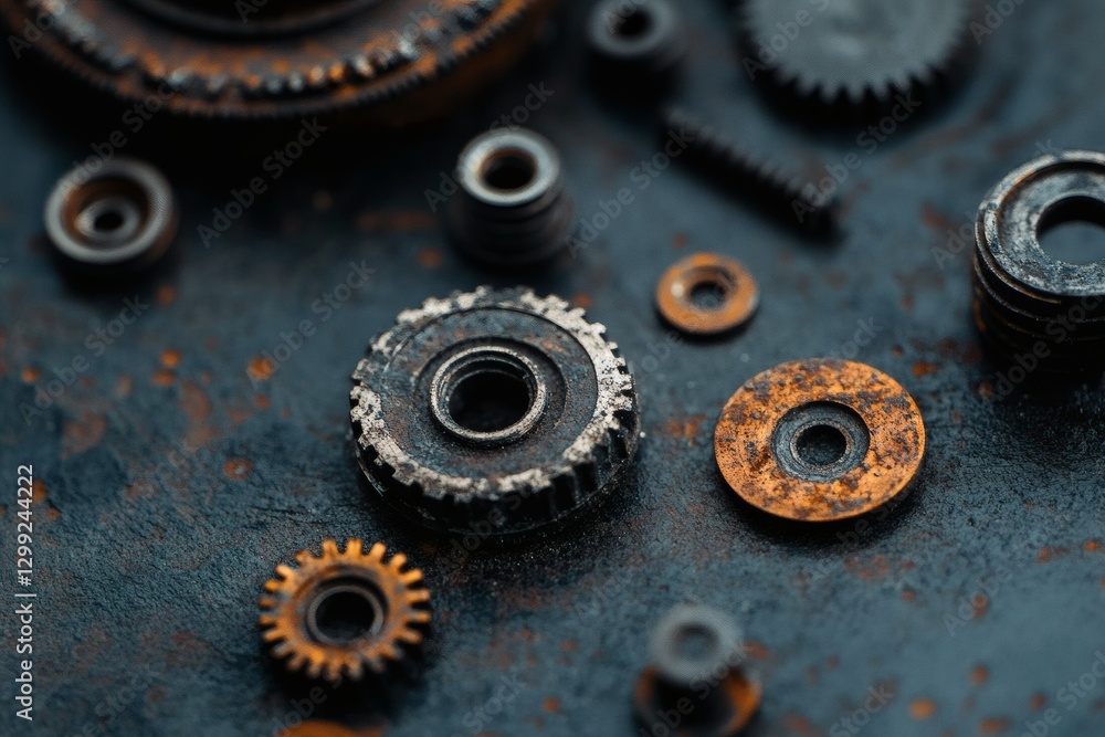 Poster intricate details of aged mechanical gears and components. generative ai
