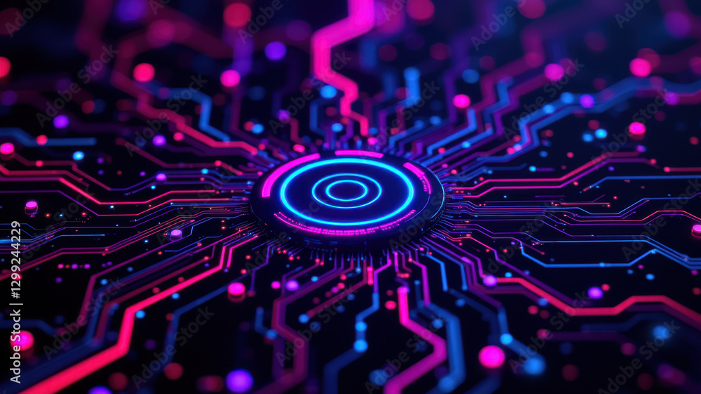 Poster a digital graphic representing a complex network of servers with vibrant colors, centralizing on a s