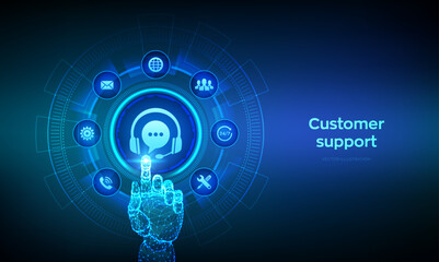 Customer support service technology concept. Technical support, customer service, digital interface, tech support assistance. Wireframe hand touching virtual screen. Vector illustration.